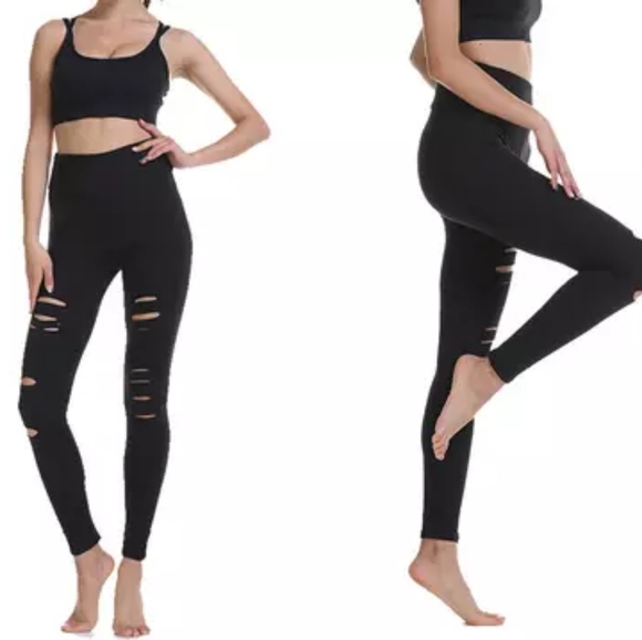 Ripped Cutout black Tummy Control Leggings High Waist Yoga Pants Workout - Picture 2 of 5